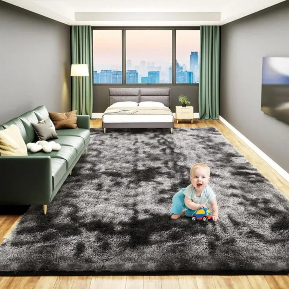 New 5x7 Dark Grey Fluffy Rug, Soft Shaggy Tie-Dye Plush Carpet for Home & Room